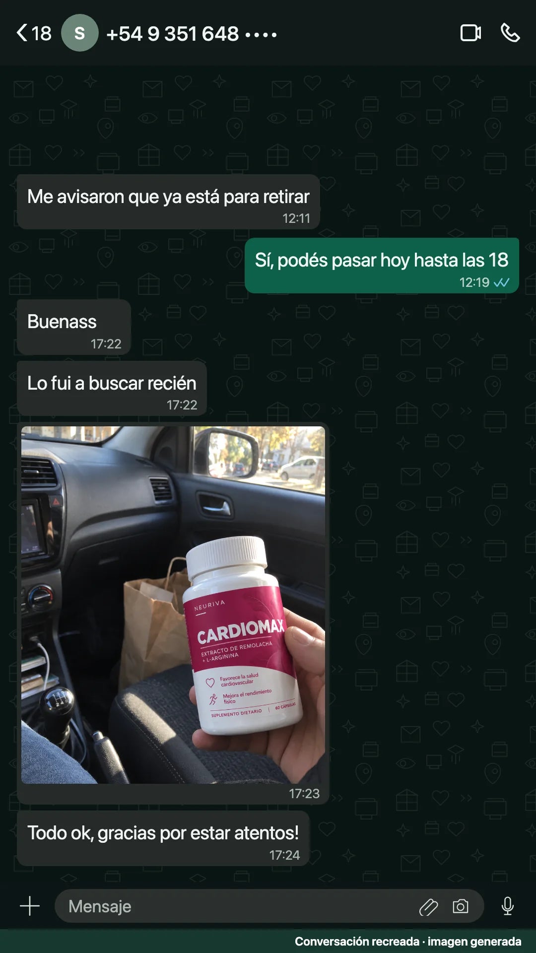 Conversación recreada: se muestra un frasco de CARDIOMAX desde un auto estacionado después de retirar el pedido