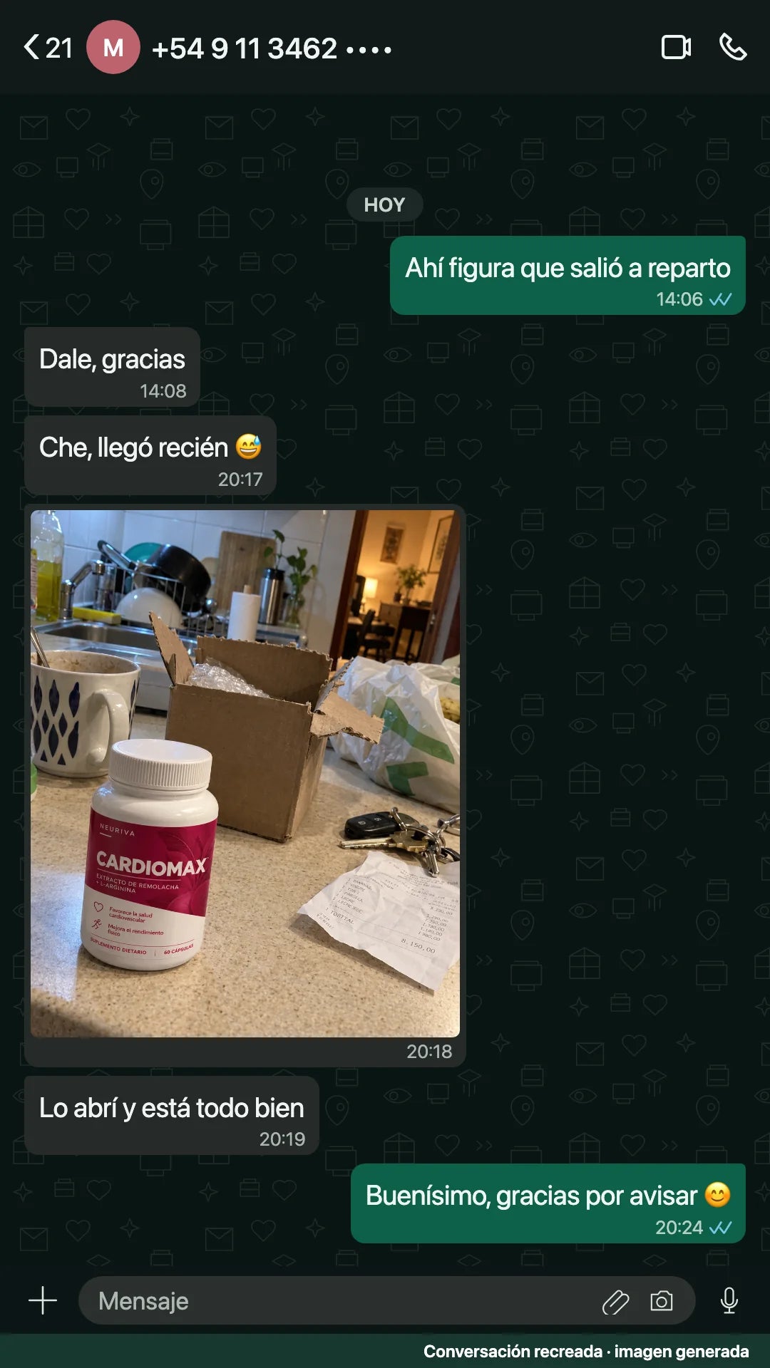 Conversación recreada: llega un frasco de CARDIOMAX, se muestra una foto en la cocina y se confirma que el pedido vino bien