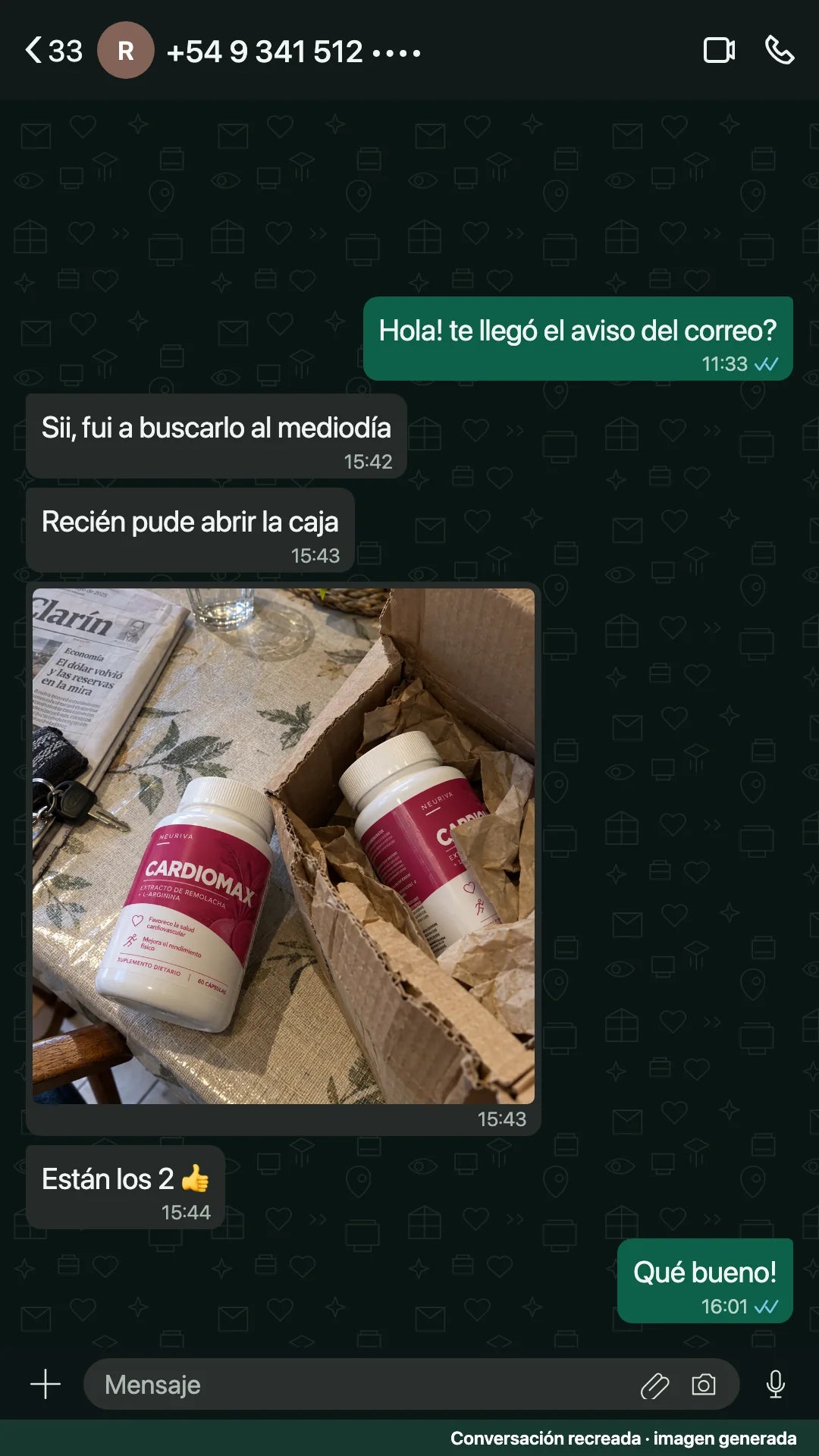 Conversación recreada: se retira un paquete y se muestra una foto de los dos frascos de CARDIOMAX