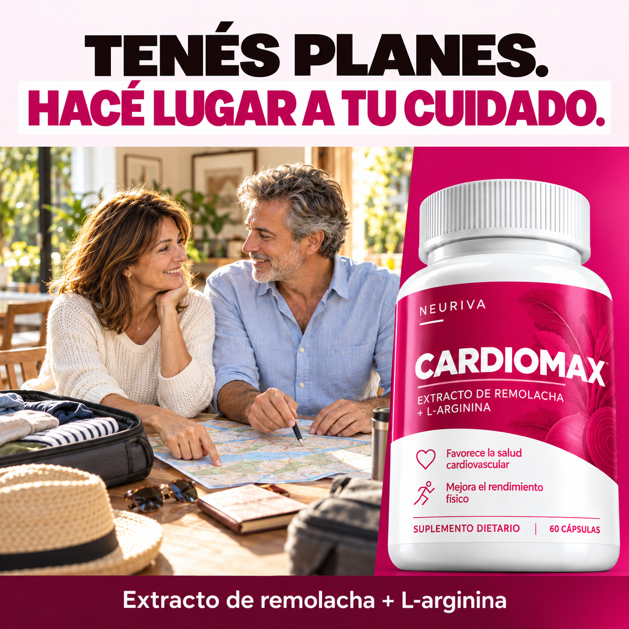 Tenés planes. Hacé lugar a tu cuidado. Pareja preparando un viaje junto a CARDIOMAX