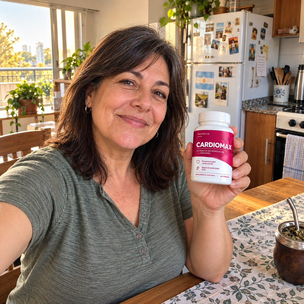 Mujer adulta en su cocina con un frasco de CARDIOMAX
