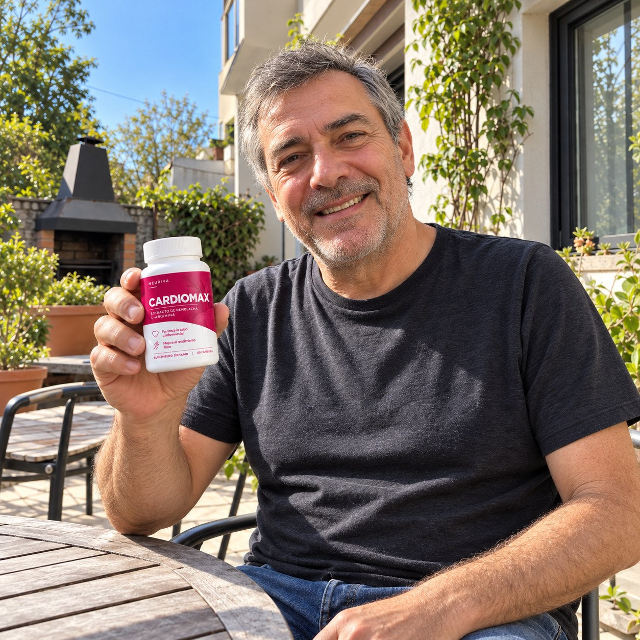 Hombre adulto en un patio con un frasco de CARDIOMAX