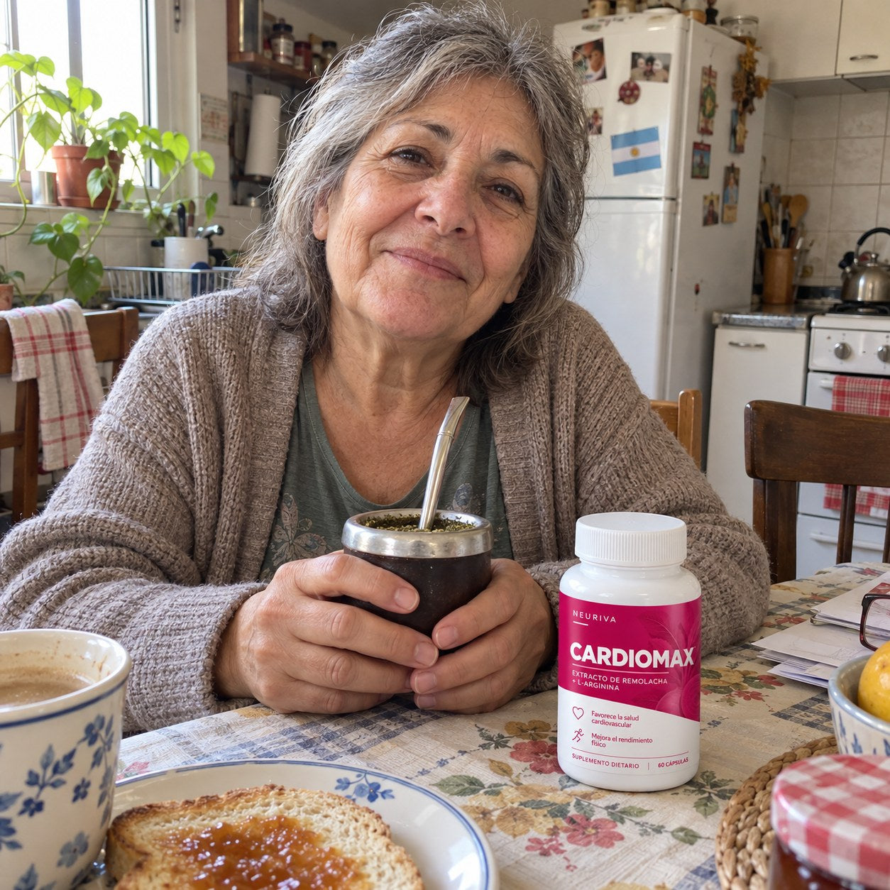 Mujer adulta con mate en su cocina y un frasco de CARDIOMAX sobre la mesa
